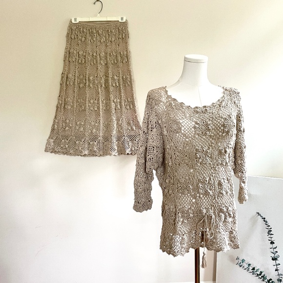 Vintage Hand Crocheted Women Set Skirt Top Medium Boho Festival Cottage Peasant - Picture 1 of 16
